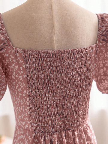 Puff Sleeve Square Collar Waist Cinched Slit Summer Floral Dress