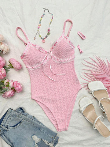 Romantic Contrast Lace, Butterfly Woven Ribbon, Textured Fabric Women's Bodysuit