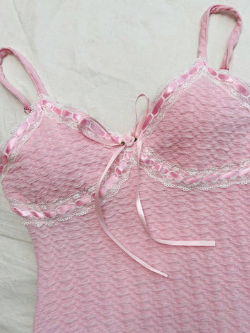 Romantic Contrast Lace, Butterfly Woven Ribbon, Textured Fabric Women's Bodysuit