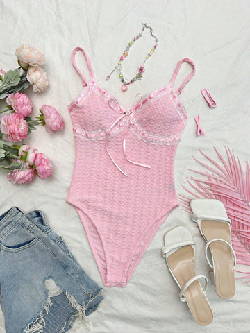 Romantic Contrast Lace, Butterfly Woven Ribbon, Textured Fabric Women's Bodysuit