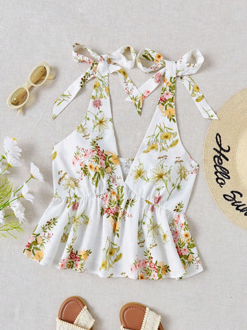 WYWH Romantic Countryside Flower Print Shoulder Tie Bow Tank Top For Vacation