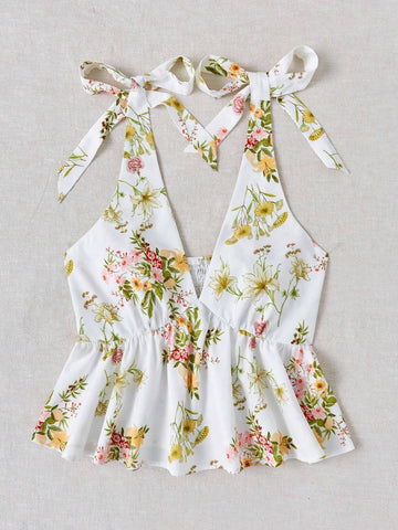 WYWH Romantic Countryside Flower Print Shoulder Tie Bow Tank Top For Vacation