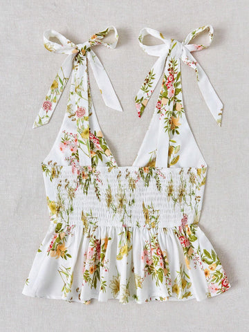 WYWH Romantic Countryside Flower Print Shoulder Tie Bow Tank Top For Vacation