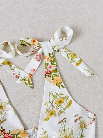WYWH Romantic Countryside Flower Print Shoulder Tie Bow Tank Top For Vacation