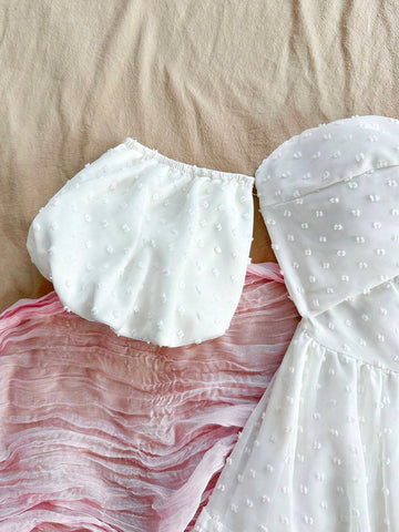 Romantic Summer Vacation Women's White Polka Dot Dress With Cut-Out Embroidery And Bubble