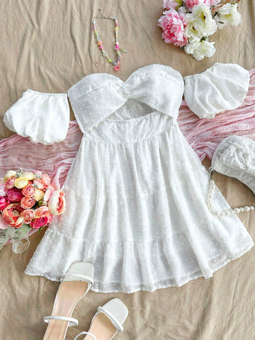 Romantic Summer Vacation Women's White Polka Dot Dress With Cut-Out Embroidery And Bubble