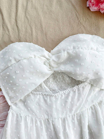 Romantic Summer Vacation Women's White Polka Dot Dress With Cut-Out Embroidery And Bubble