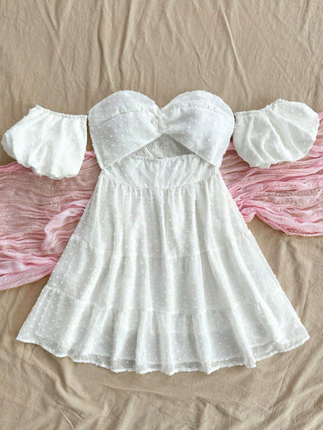Romantic Summer Vacation Women's White Polka Dot Dress With Cut-Out Embroidery And Bubble