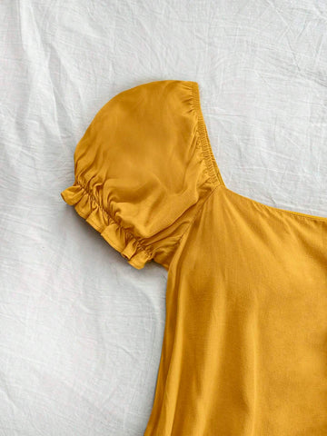 Romantic & Lovely Yellow Dress For Women's Summer Vacations, Easter, Graduation, Back To School, Parties, Lunches, Garden Tea With Puffy Sleeves, Open Back & Tie-Up Details
