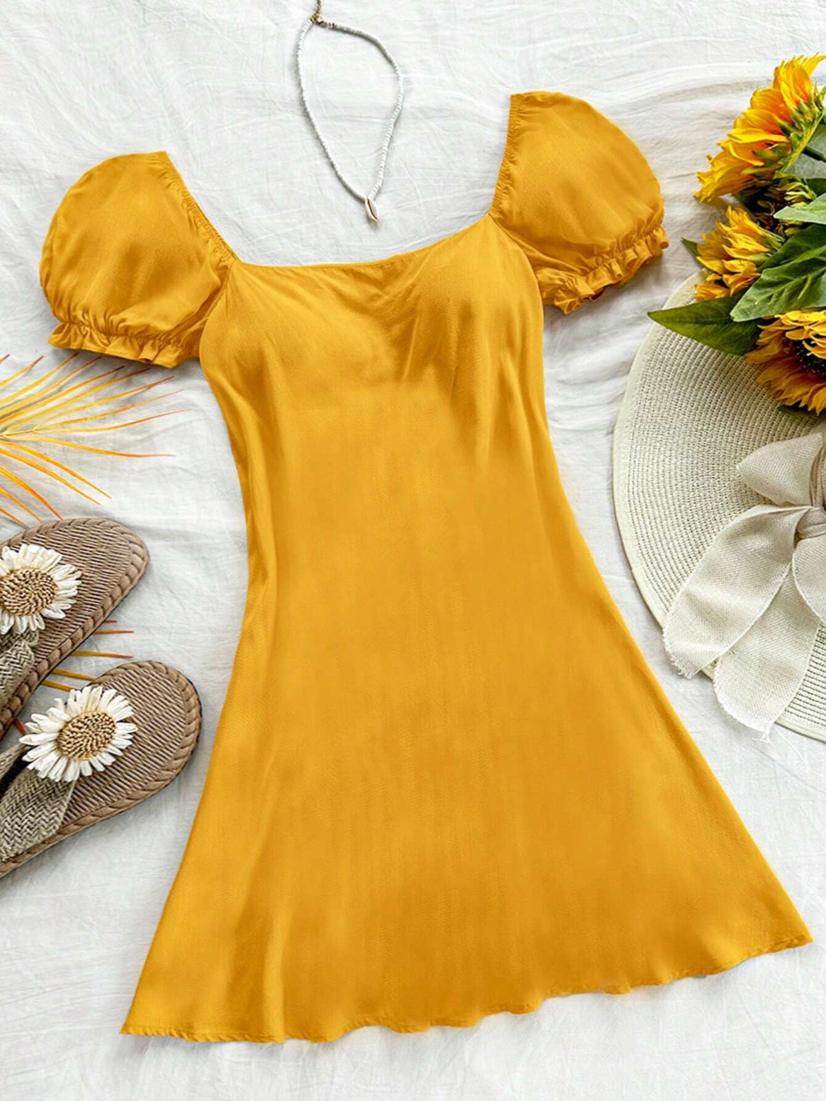 Romantic & Lovely Yellow Dress For Women's Summer Vacations, Easter, Graduation, Back To School, Parties, Lunches, Garden Tea With Puffy Sleeves, Open Back & Tie-Up Details