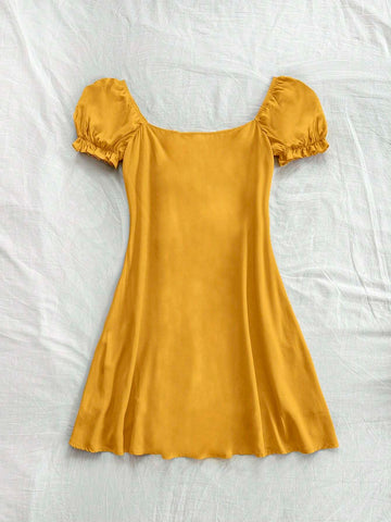Romantic & Lovely Yellow Dress For Women's Summer Vacations, Easter, Graduation, Back To School, Parties, Lunches, Garden Tea With Puffy Sleeves, Open Back & Tie-Up Details