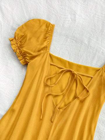 Romantic & Lovely Yellow Dress For Women's Summer Vacations, Easter, Graduation, Back To School, Parties, Lunches, Garden Tea With Puffy Sleeves, Open Back & Tie-Up Details