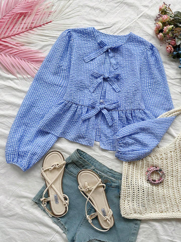 Round Neck Long Sleeve Casual Holiday Shirt With Bow Decoration