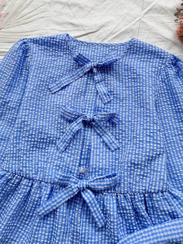 Round Neck Long Sleeve Casual Holiday Shirt With Bow Decoration