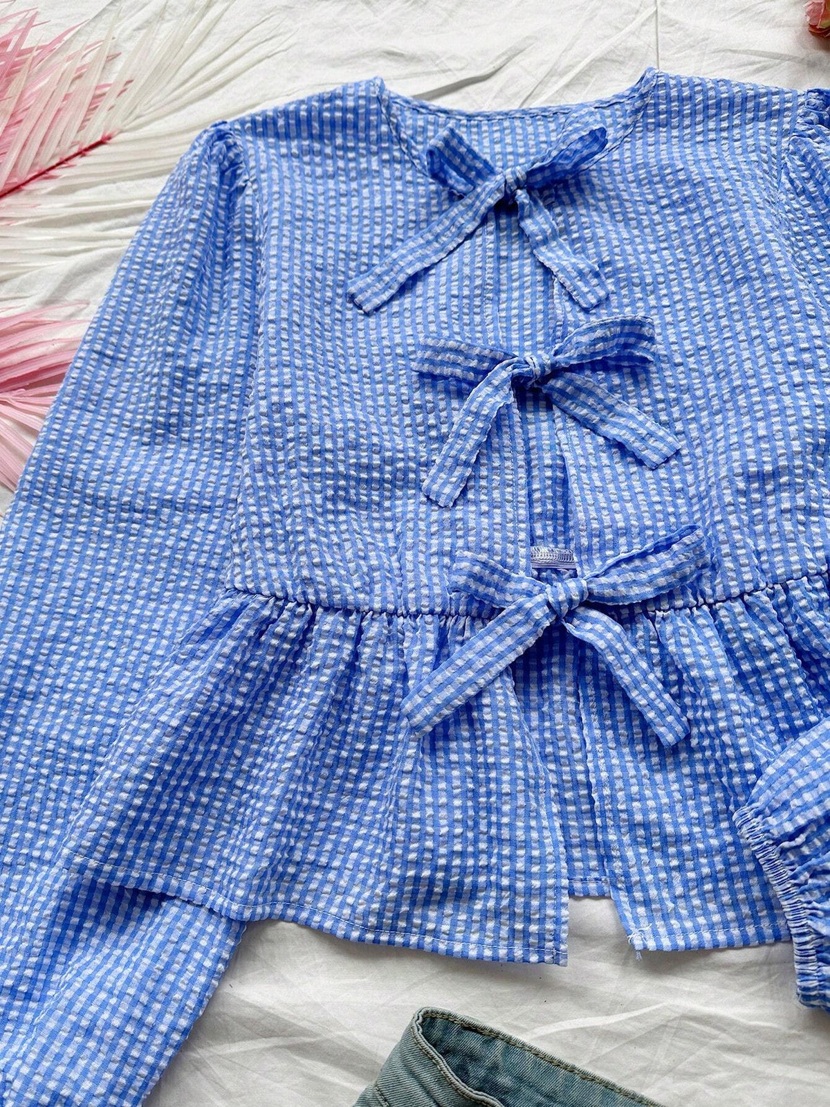 Round Neck Long Sleeve Casual Holiday Shirt With Bow Decoration