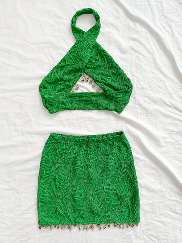 Seashell Decorated Halter Top And Short Skirt Two Piece Set