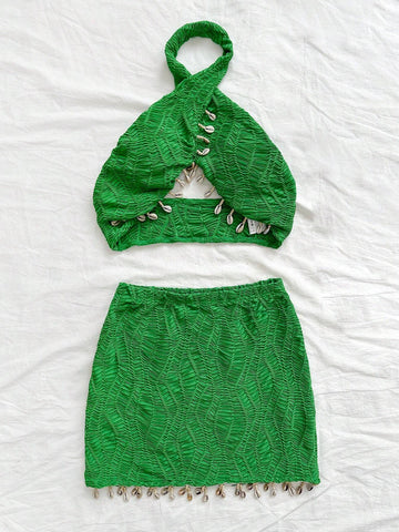 Seashell Decorated Halter Top And Short Skirt Two Piece Set