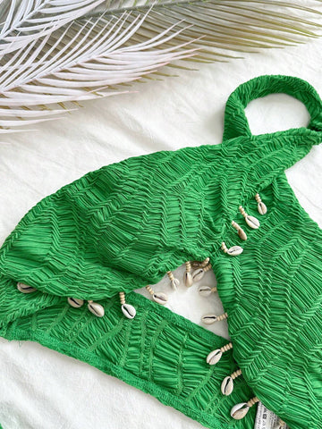 Seashell Decorated Halter Top And Short Skirt Two Piece Set