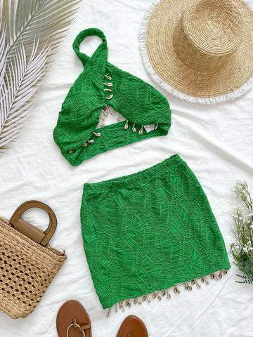 Seashell Decorated Halter Top And Short Skirt Two Piece Set