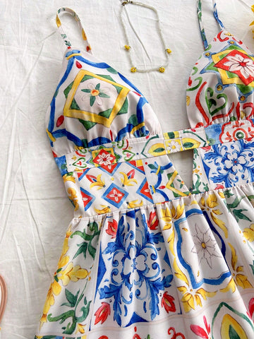 Sicily Style Colorful Floral Print Cutout Back Double Layer Ruffled Hem Short Dress For Holiday,