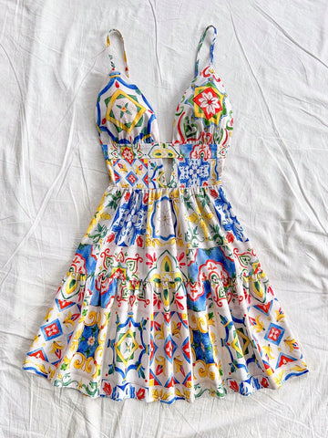 Sicily Style Colorful Floral Print Cutout Back Double Layer Ruffled Hem Short Dress For Holiday,