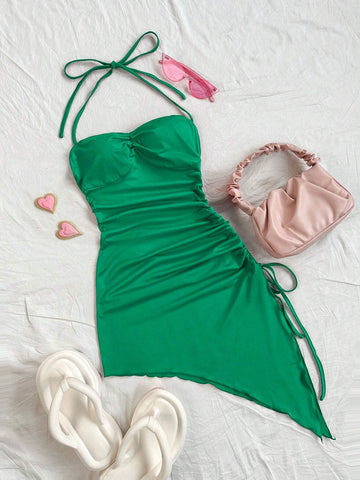 Slim Fit Irregular Hem Solid Color Vacation Dress With Drawstring And Pleated Details Around Neck