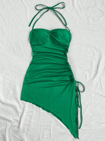 Slim Fit Irregular Hem Solid Color Vacation Dress With Drawstring And Pleated Details Around Neck