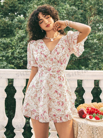 Small Floral Print Backless Jumpsuit With Elastic Waist