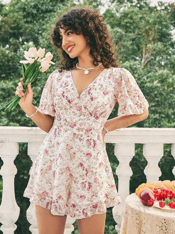 Small Floral Print Backless Jumpsuit With Elastic Waist