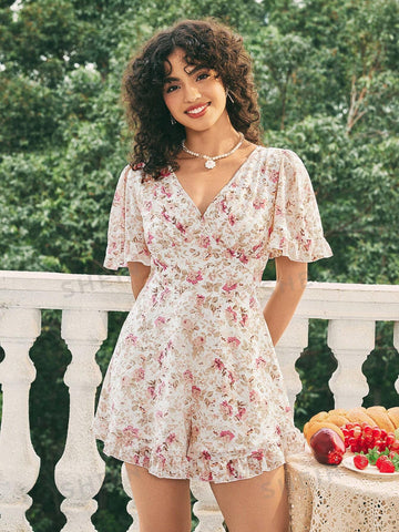 Small Floral Print Backless Jumpsuit With Elastic Waist