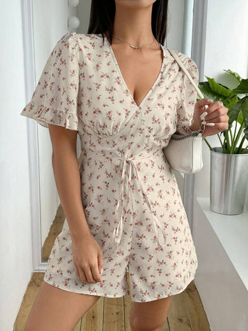 Small Floral Print Jumpsuit With Ruffle Sleeves And Waist Tie