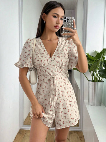 Small Floral Print Jumpsuit With Ruffle Sleeves And Waist Tie