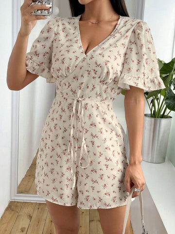 Small Floral Print Jumpsuit With Ruffle Sleeves And Waist Tie