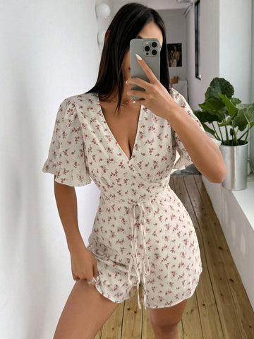 Small Floral Print Jumpsuit With Ruffle Sleeves And Waist Tie