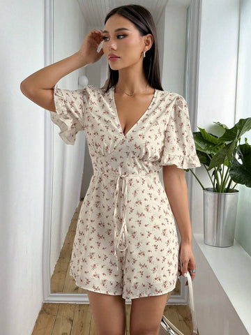 Small Floral Print Jumpsuit With Ruffle Sleeves And Waist Tie