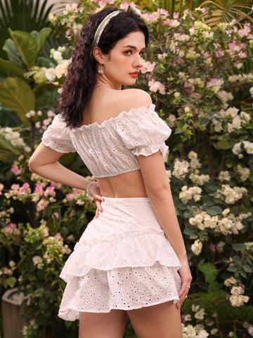 Solid Color Hollow Out Embroidery One Shoulder Cropped Top And Irregular Ruffled Hem Skirt Two-Piece Set For Summer