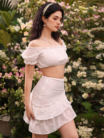 Solid Color Hollow Out Embroidery One Shoulder Cropped Top And Irregular Ruffled Hem Skirt Two-Piece Set For Summer