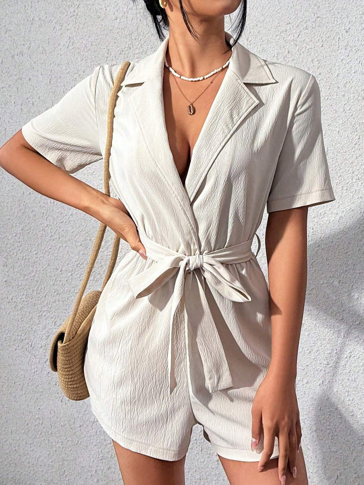 Solid Color Jumpsuit With Notched Collar Belt