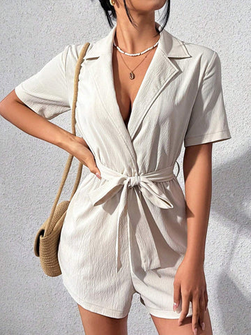 Solid Color Jumpsuit With Notched Collar Belt