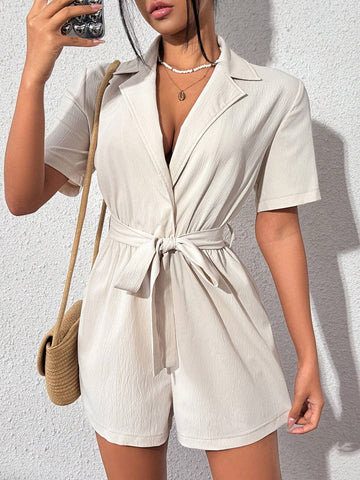 Solid Color Jumpsuit With Notched Collar Belt