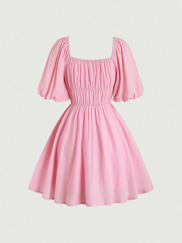 Solid Color Ruffle Retro Ruffle Hem Summer Casual Dress