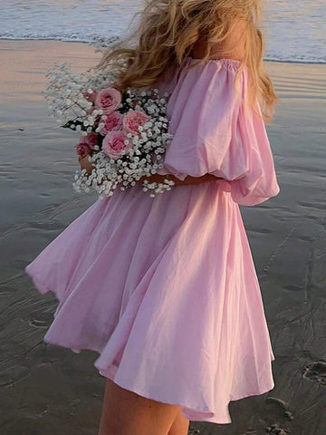 Solid Color Ruffle Retro Ruffle Hem Summer Casual Dress