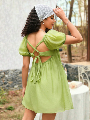 Solid Color Square Neck Bubble Sleeve Dress