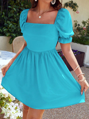 Solid Color Square Neck Bubble Sleeve Waist-Cinching A-Line Dress