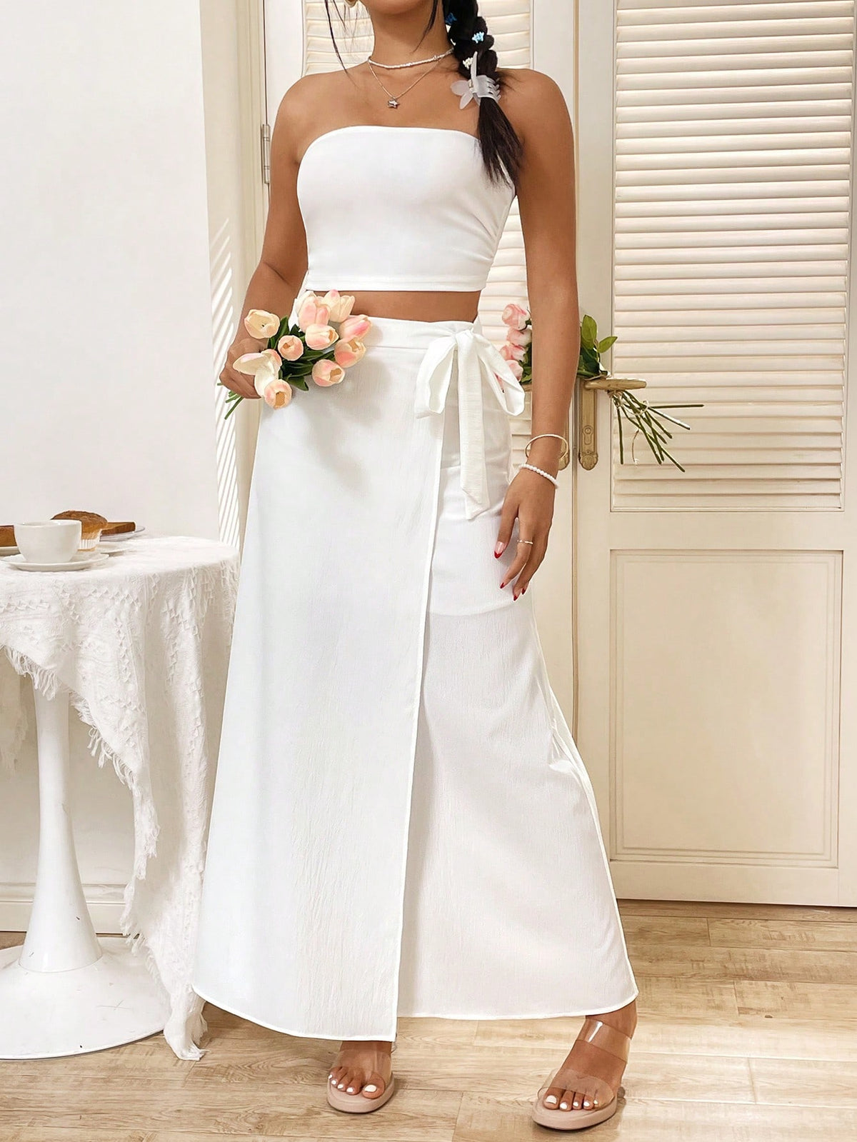 Solid Color Wrapped Chest Top With Tie & High Waist Skirt Two Piece Set