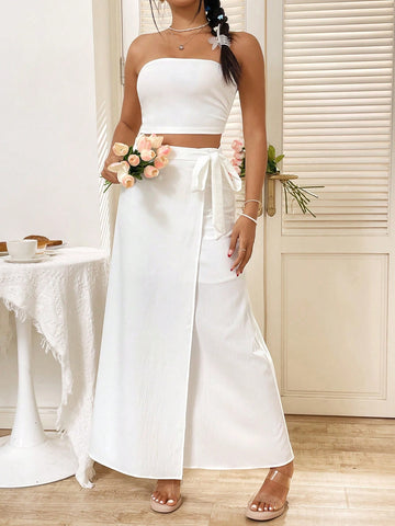 Solid Color Wrapped Chest Top With Tie & High Waist Skirt Two Piece Set