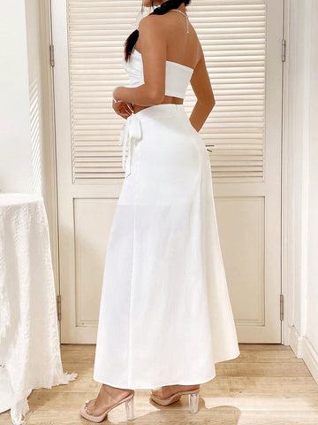 Solid Color Wrapped Chest Top With Tie & High Waist Skirt Two Piece Set