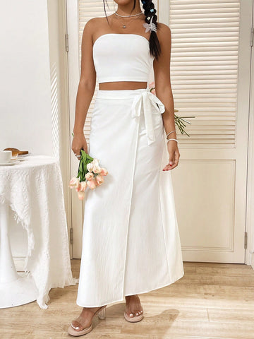 Solid Color Wrapped Chest Top With Tie & High Waist Skirt Two Piece Set