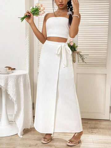 Solid Color Wrapped Chest Top With Tie & High Waist Skirt Two Piece Set