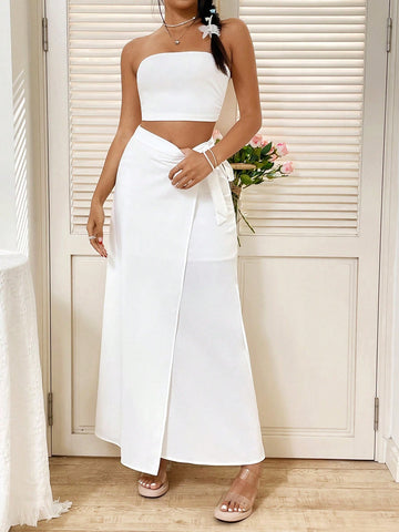 Solid Color Wrapped Chest Top With Tie & High Waist Skirt Two Piece Set